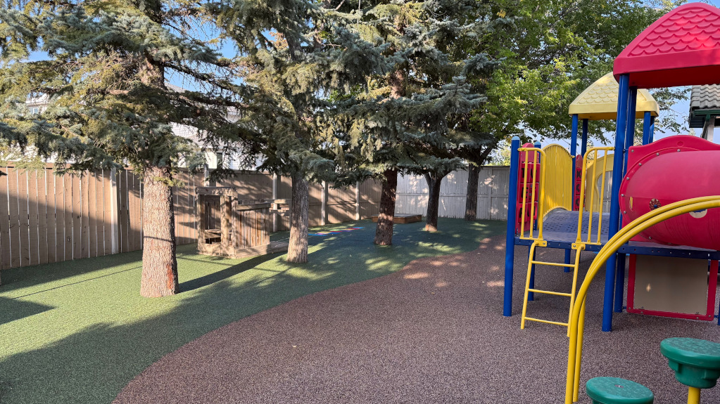 Colorful childrens playground structure with slide, nestled among trees