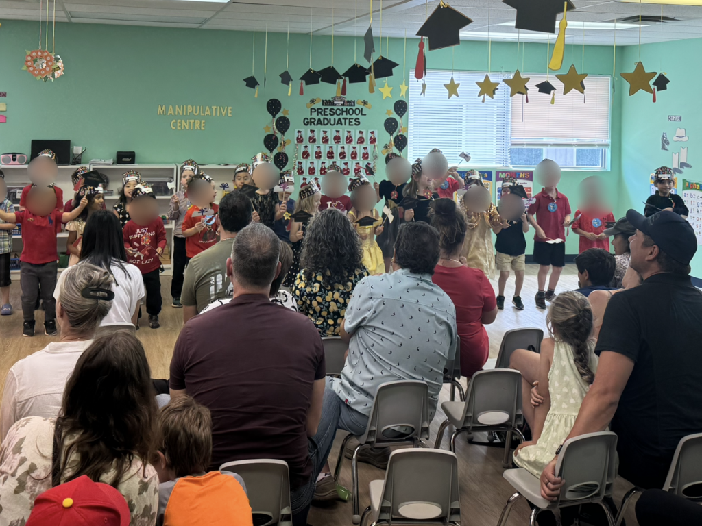 Children in graduation caps celebrating at a preschool graduation ceremony