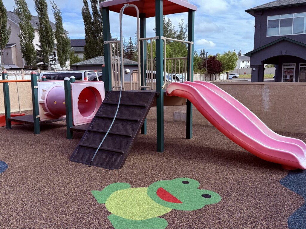 Rooftop playground with a pink slide, tunnel, and frog floor decal