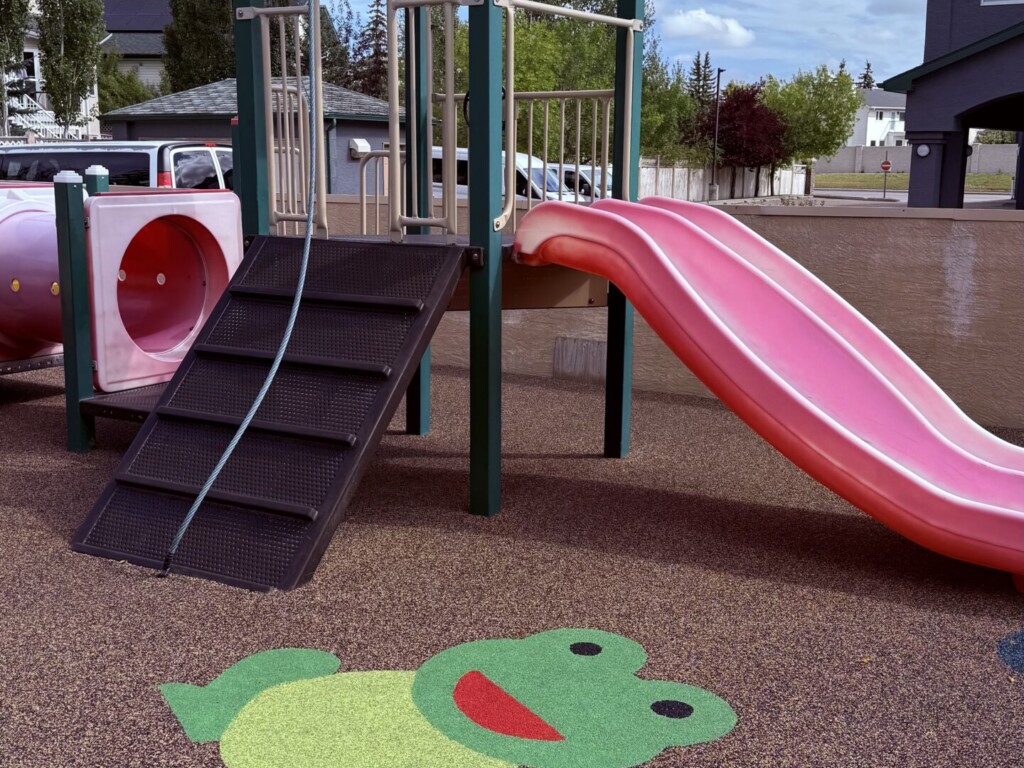 Rooftop playground pink slide and climbing structure with a frog floor decal